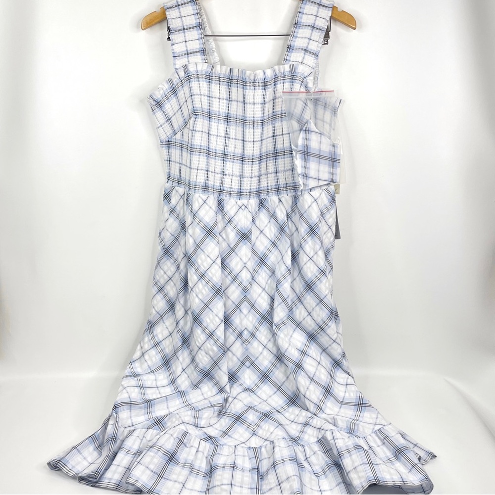 Eliza J Smocked Plaid Ruffle Midi Dress SZ 18W Blue White Sleeveless Sundress - Picture 7 of 16